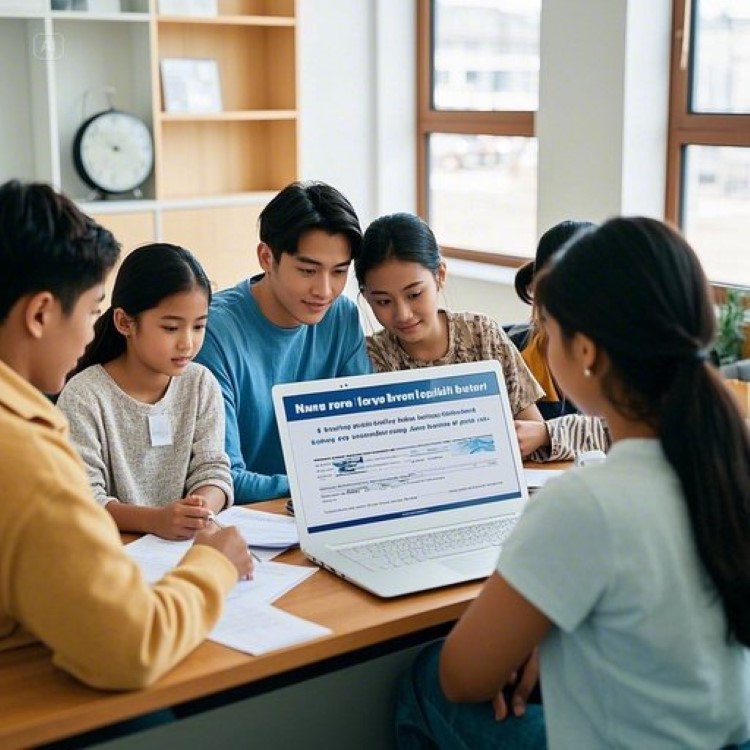 주거급여 신청 서류를 꼼꼼히 준비하는 청년과 가족, 주민센터 상담 데스크, 복지로 홈페이지가 켜진 노트북, 밝은 분위기