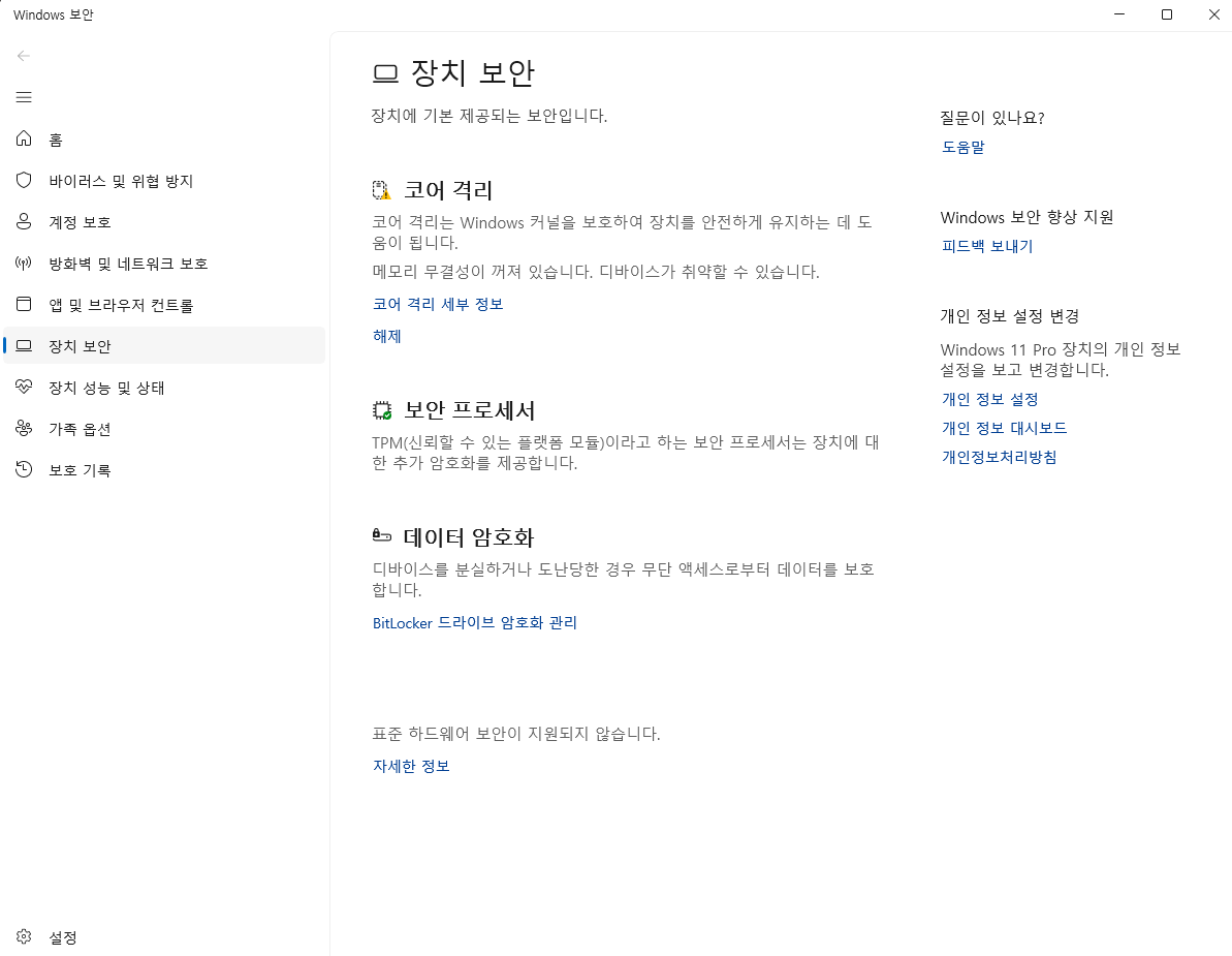 장치보안에서 보안 프로세서 세부정보에 TPM 활성화되어있는지 확인하는 화면