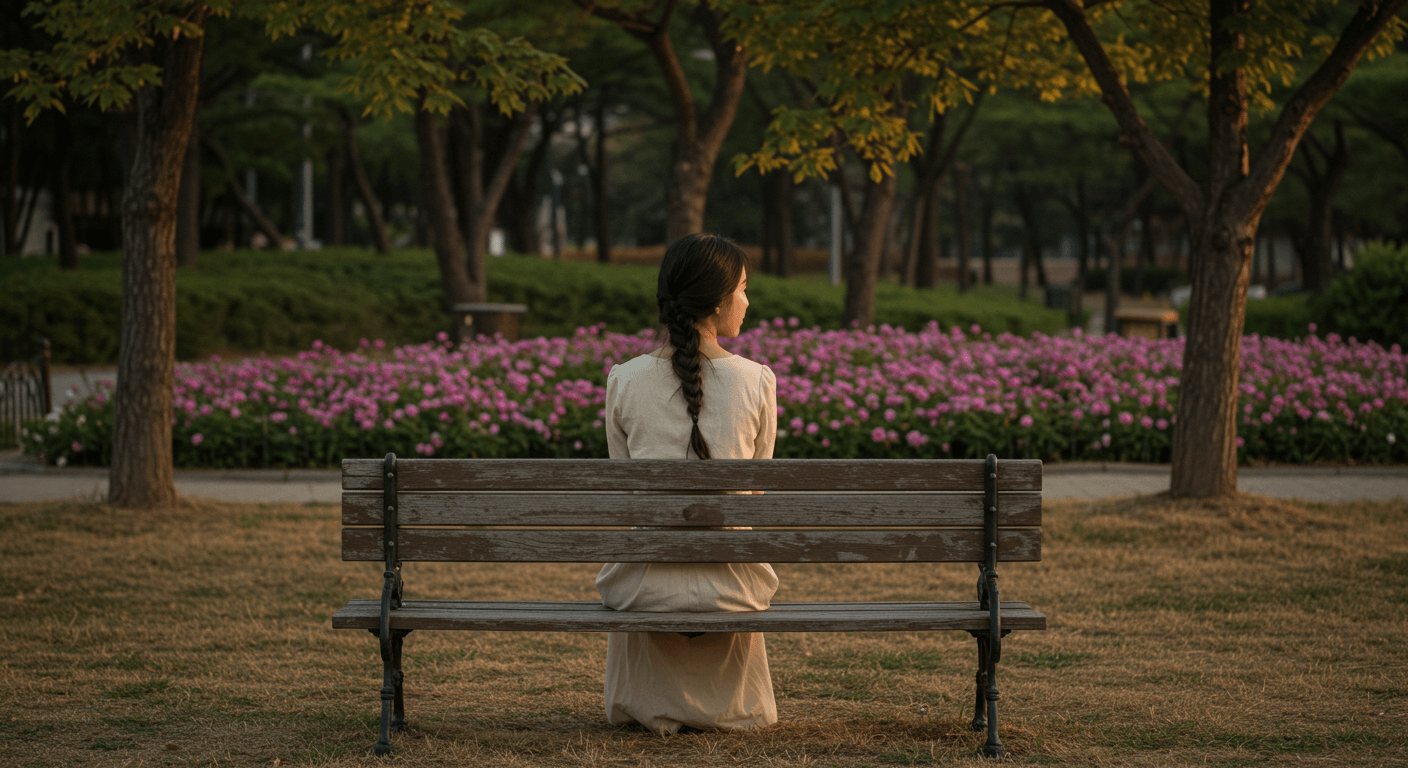 홀로 벤치에 앉아 있는 여성