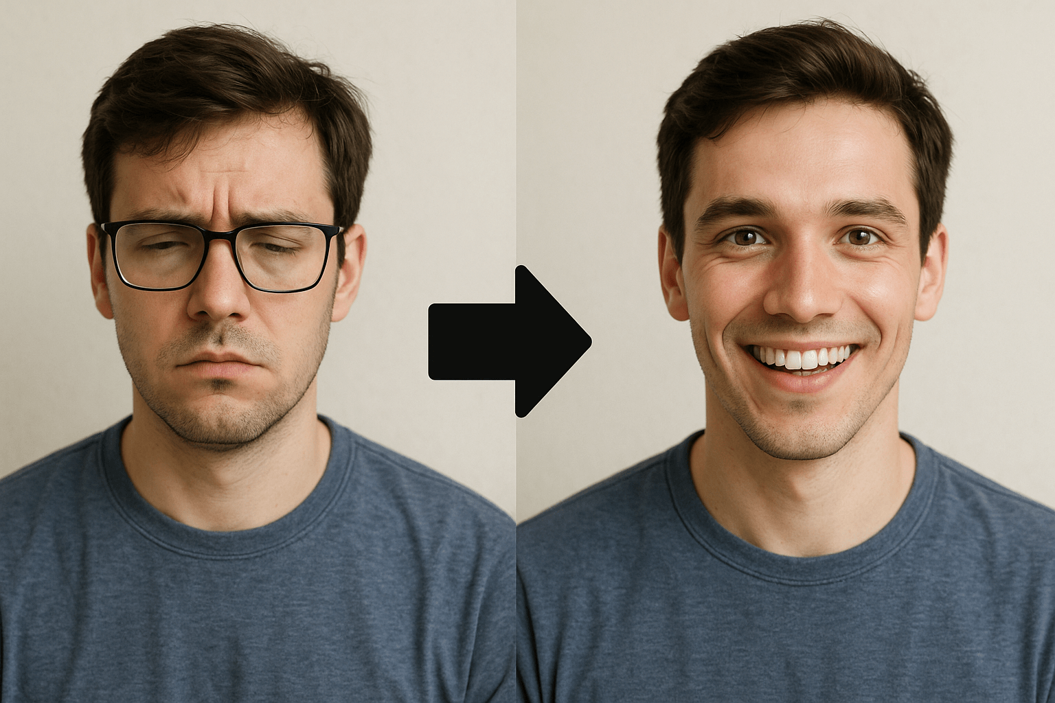 눈이 나빠 안경 썼던 사람이 눈이 좋아져서 안경 벗고 활짝 웃는 모습