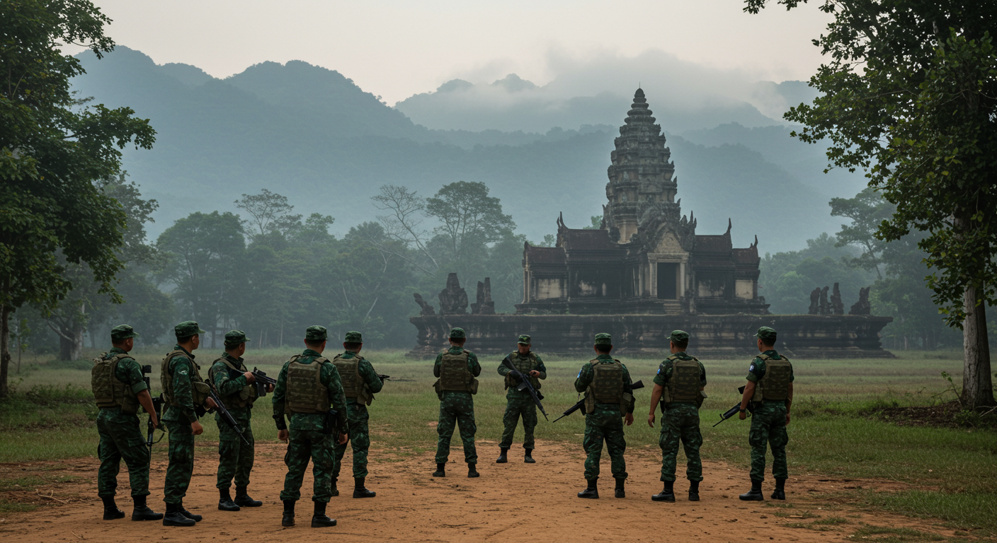 고대 사원 앞에 집결한 태국 군인들