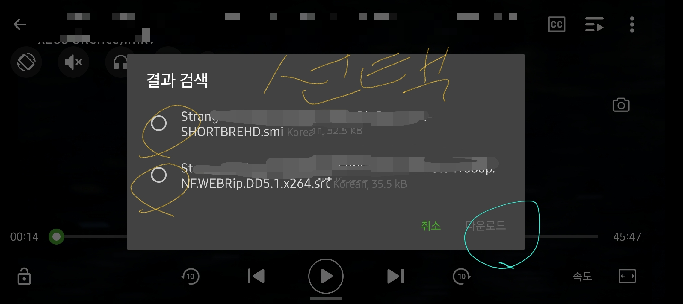 해당 파일의 자막이 검색됨. 검색이 완료 되면, 선택하고 다운로드 누름