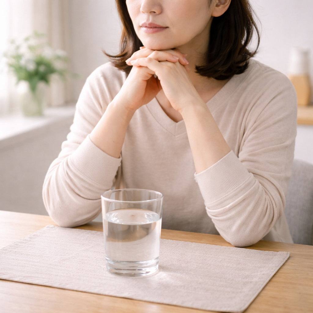 공복혈당 검사를 위해 금식하며 물만 마시는 장면