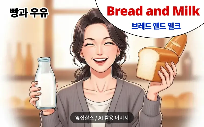 빵과 우유를 들고 있는 여성
