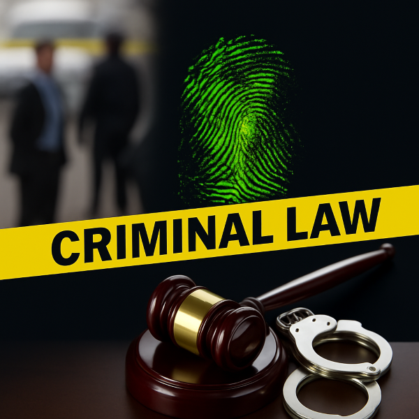 형법을 상징하는 수사 현장 이미지 - 노란색 폴리스 라인, 디지털 지문, 판사 망치와 수갑이 어우러진 구성