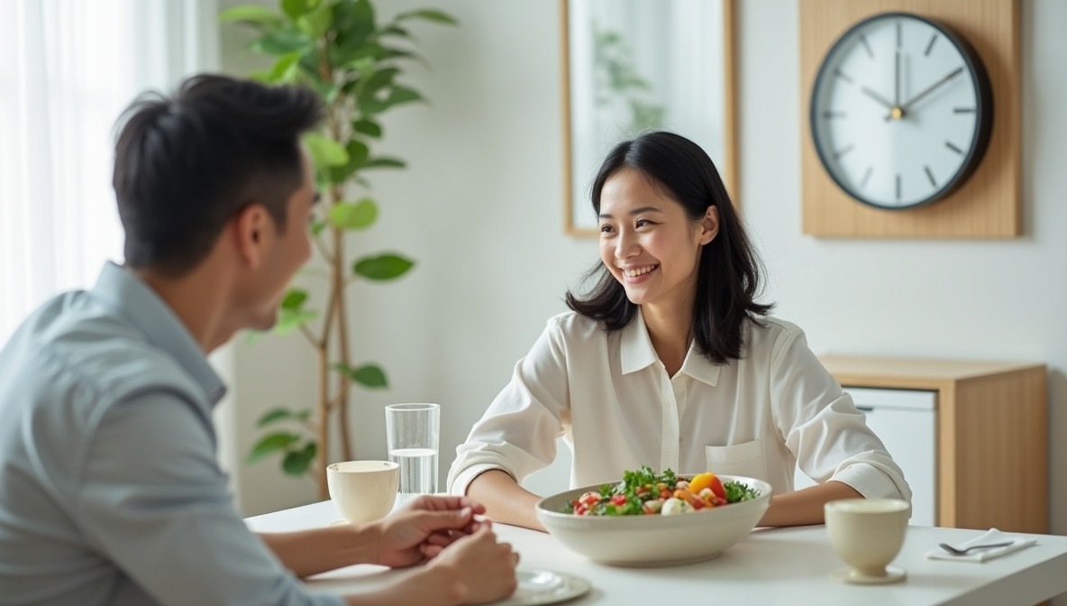 40대 부부가 식탁에 앉아 금식이 끝났음을 알리는 12시 정각 시계를 보며 기뻐하는 모습