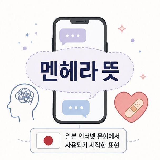 스마트폰과 말풍선, 마음을 상징하는 아이콘으로 일본 인터넷 속어인 멘헤라의 의미를 표현한 이미지