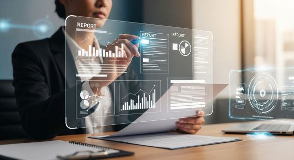 미래 지향적인 업무 환경에서 효율적으로 보고서를 작성하는 모습