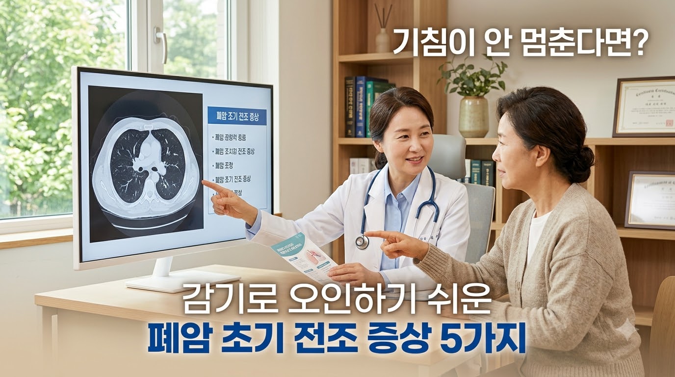 햇살이 은은하게 비치는 아늑하고 신뢰감 주는 진료실에서 의사와 환자가 밝고 차분한 표정으로 지속되는 기침과 폐암 초기 전조 증상의 차이점 및 흉부 CT 검사의 중요성에 대해 이야기 나누고 있는 모습. '기침이 안 멈춘다면?', '감기로 오인하기 쉬운 폐암 초기 전조 증상 5가지'라는 문구가 적혀 있어, 오래 가는 기침의 경각심과 조기 진단의 중요성을 시각화함.