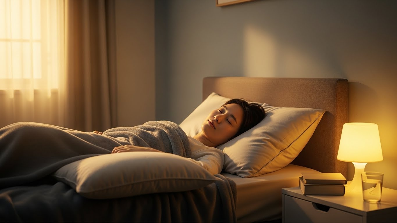 무릎 밑에 베개를 받쳐 허리의 부담을 줄이고 올바른 수면 자세로 잠든 한국인의 모습