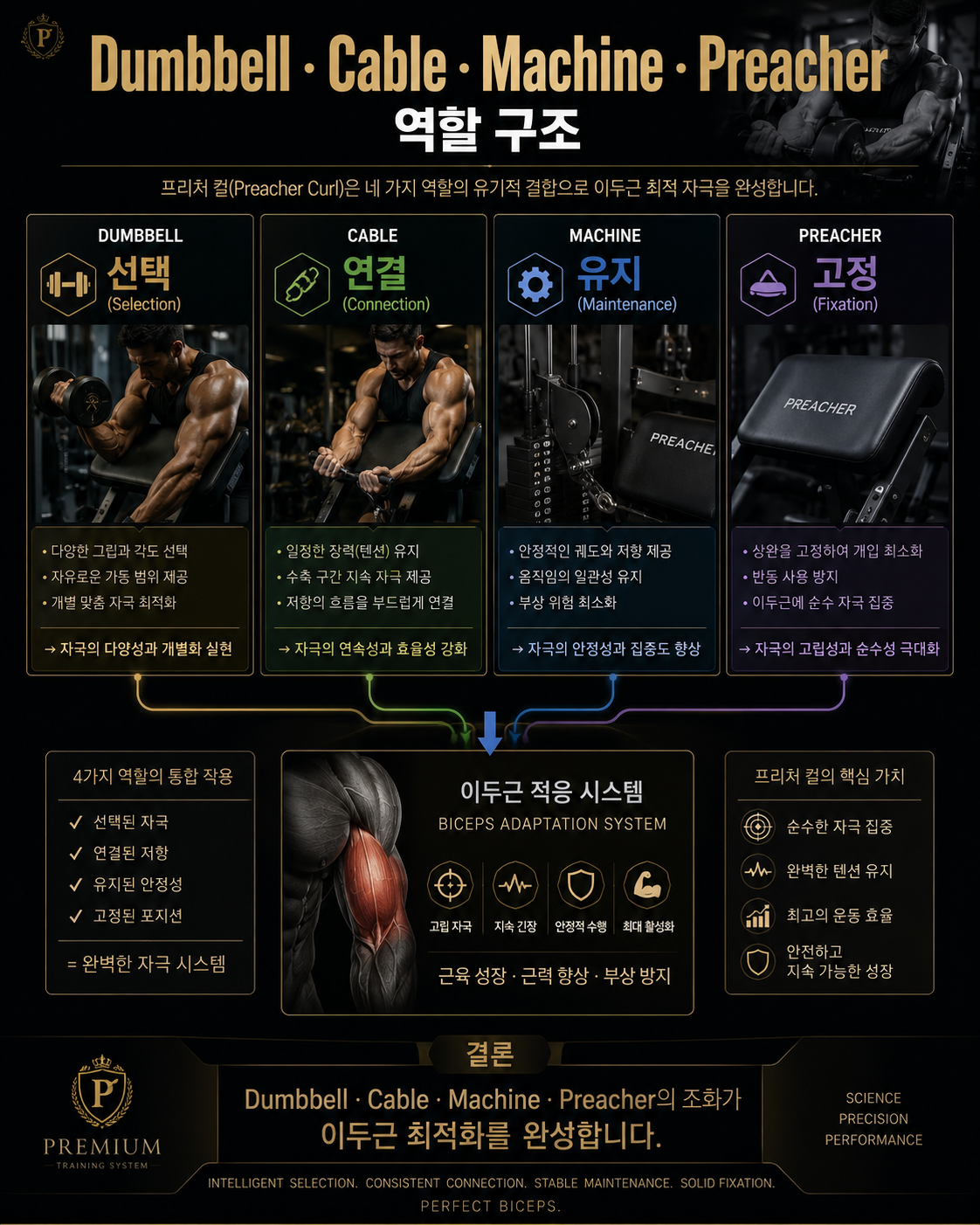 Dumbbell &middot; Cable &middot; Machine &middot; Preacher 역할 구조