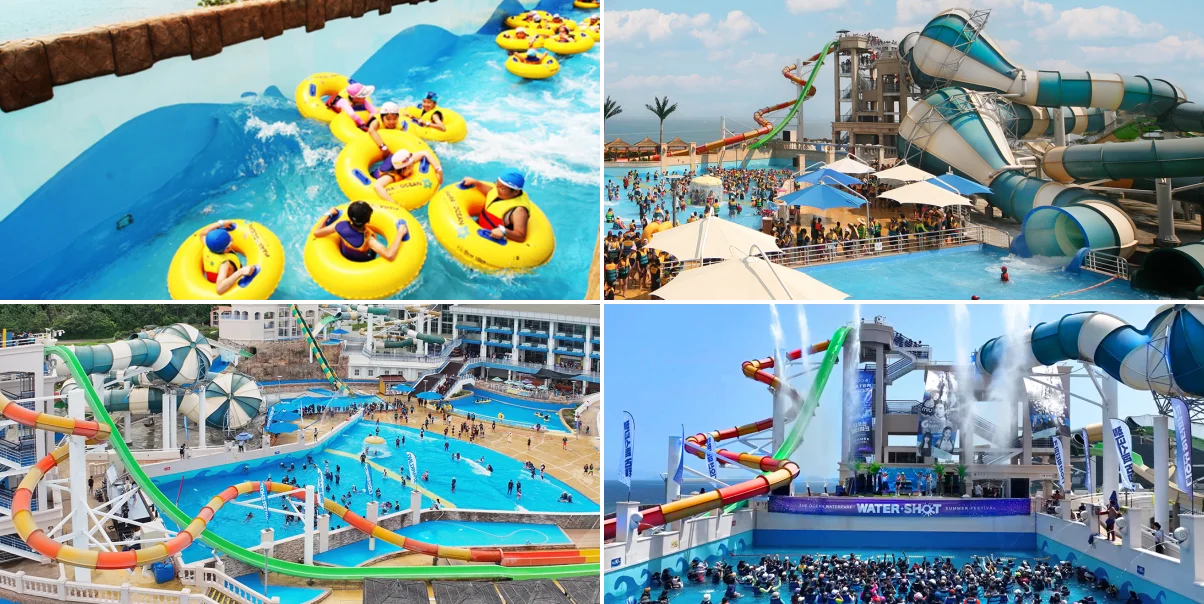전남 디오션 워터파크 실외 어트랙션 및 유수풀, 파도풀 전경