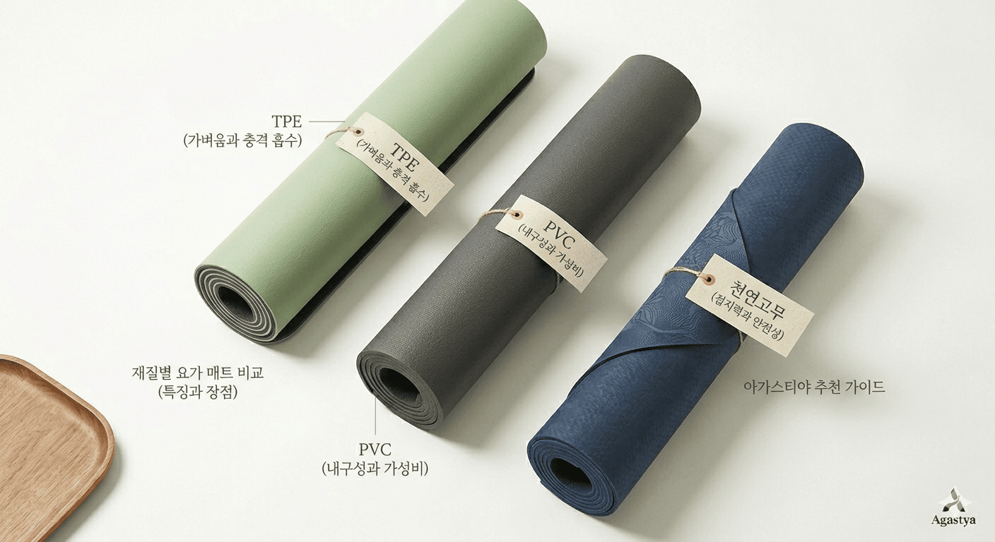다양한 색상의 TPE 요가 매트와 PVC 소재 비교