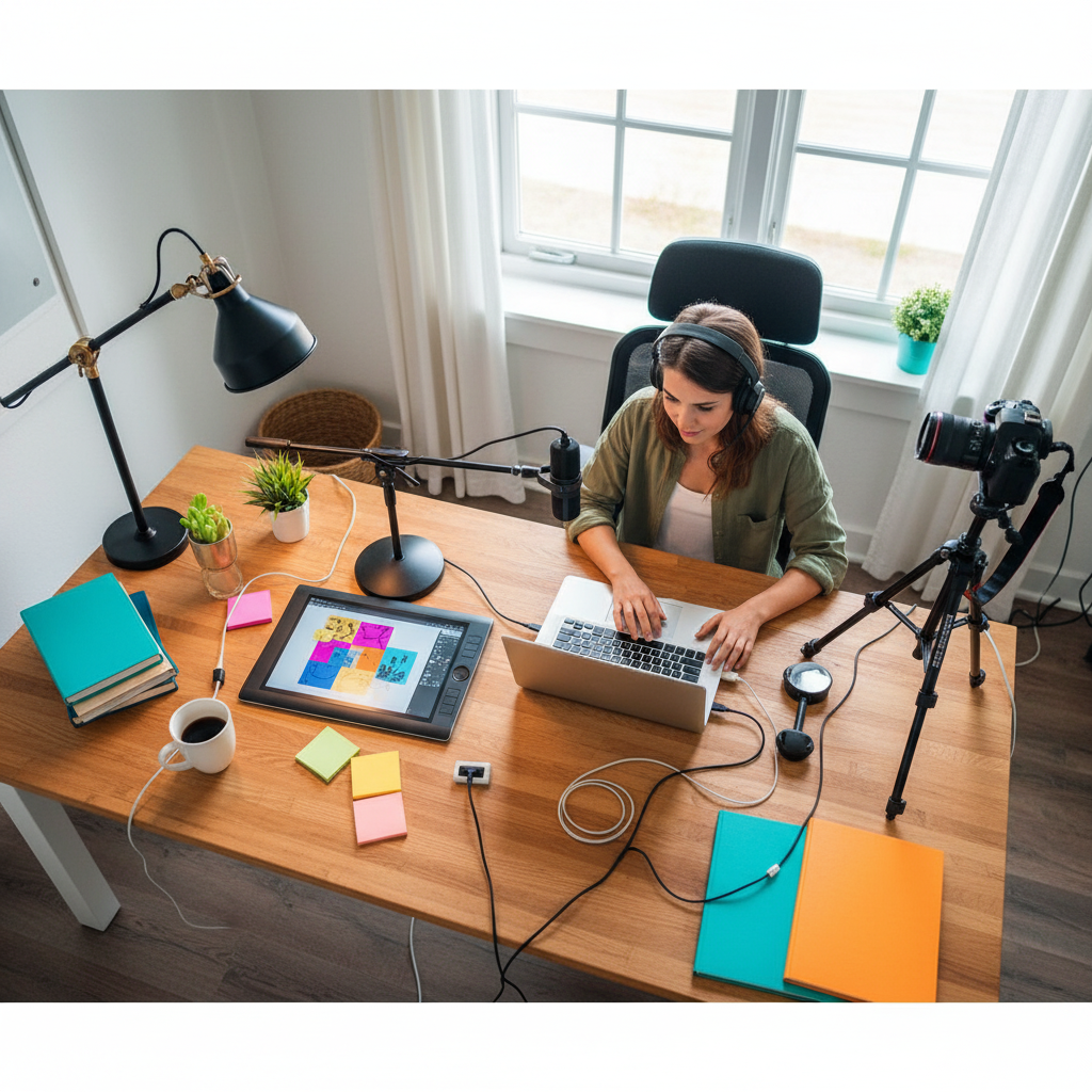 노트북, 카메라, 디자인 태블릿 등 다양한 장비가 놓인 책상에서 여러 작업을 동시에 관리하는 20대 여성 프리랜서.