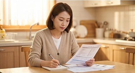 서류를 살펴보며 메모하는 엄마 모습