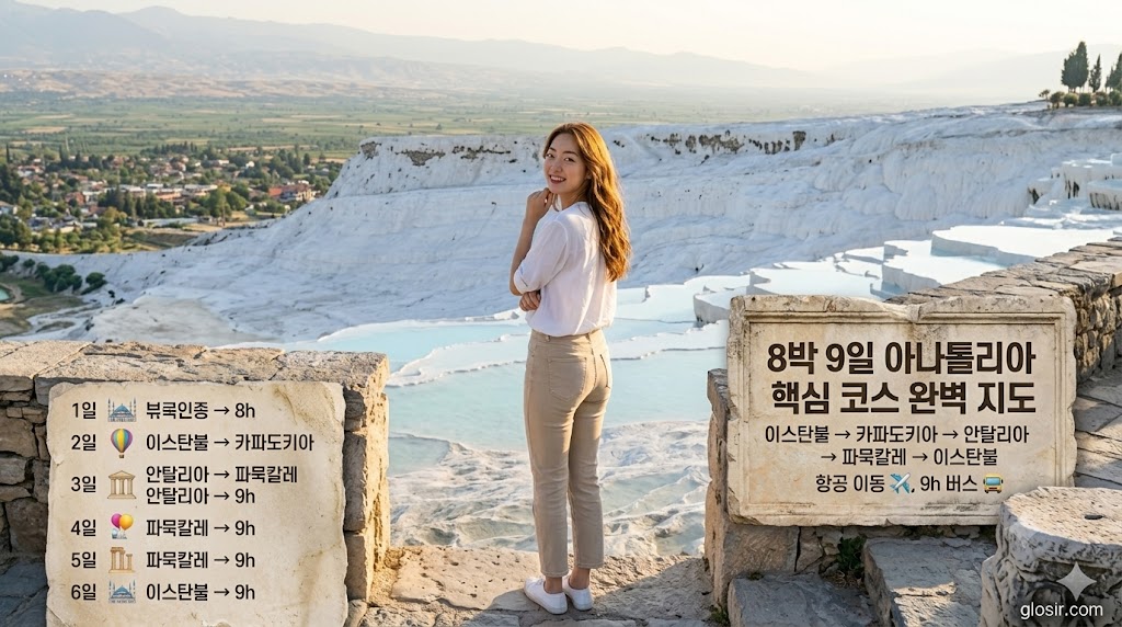파묵칼레 석회붕과 열기구 풍경이 어우러진 튀르키예 파노라마 배경을 향해 흰색 블라우스와 베이지 청바지를 입고 뒤돌아보며 웃는 한국 여성 뒷모습과 방구석 세계일주 그녀의여행 glosir.com 텍스트