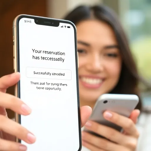 스마트폰 화면에 '예약이 성공적으로 취소되었습니다.'라는 메시지와 함께 '다른 분들께 기회를 주셔서 감사합니다.'와 같은 긍정적인 문구가 뜹니다. 알림을 확인한 고객이 뿌듯한 미소를 짓는 모습입니다.