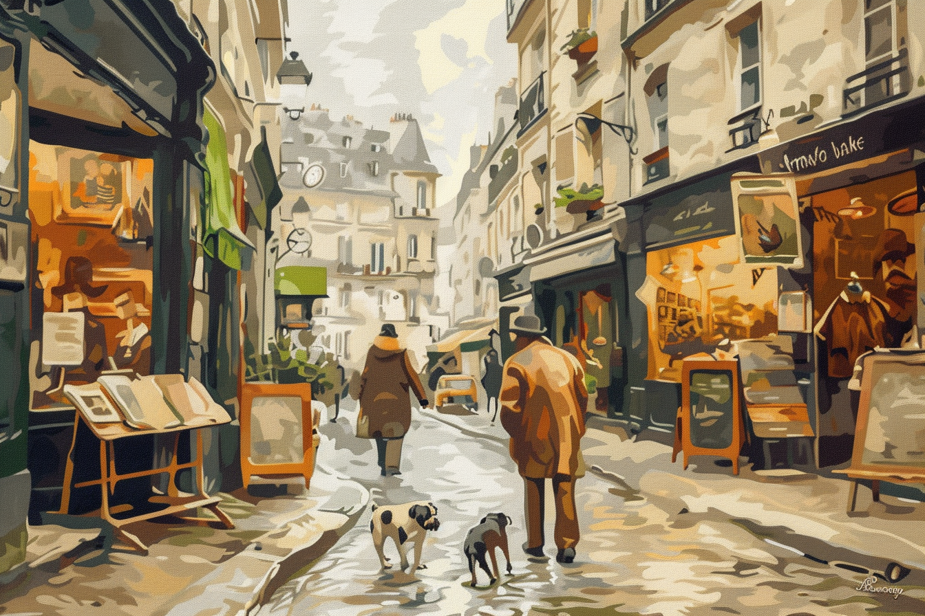 19th century Parisian street with artists and French Bulldogs