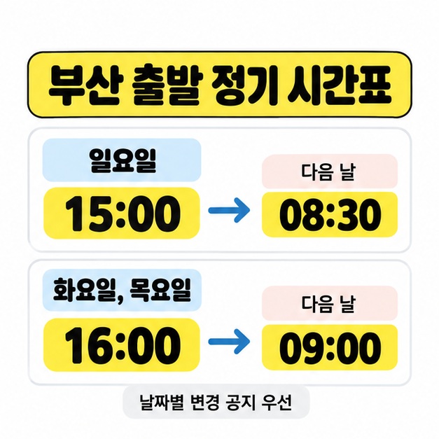 부산 출발 일요일 15시부터 다음 날 8시 30분과 화요일 목요일 16시부터 다음 날 9시까지의 정기 시간표