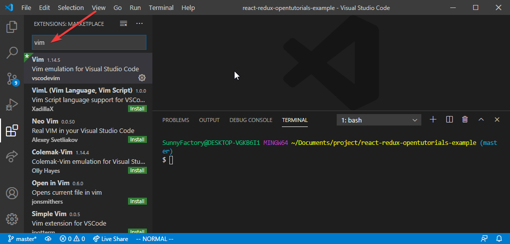 vscode-extension-vim-검색하기-스크린샷