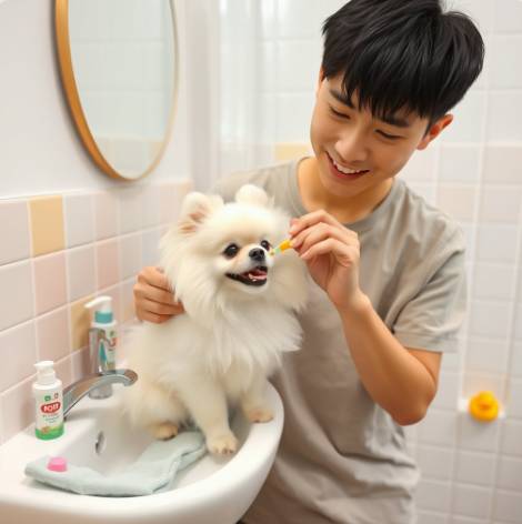 보호자가 강아지 양치시키는 모습