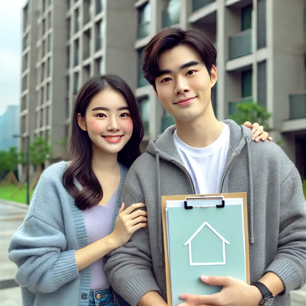 현대적인 아파트 앞에서 주택 대출 신청 서류를 들고 희망적으로 미소 짓는 젊은 동양 커플