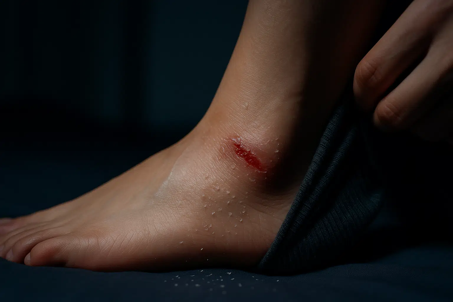 밤에 양말을 벗으며 복숭아뼈를 긁어 상처가 난 발목