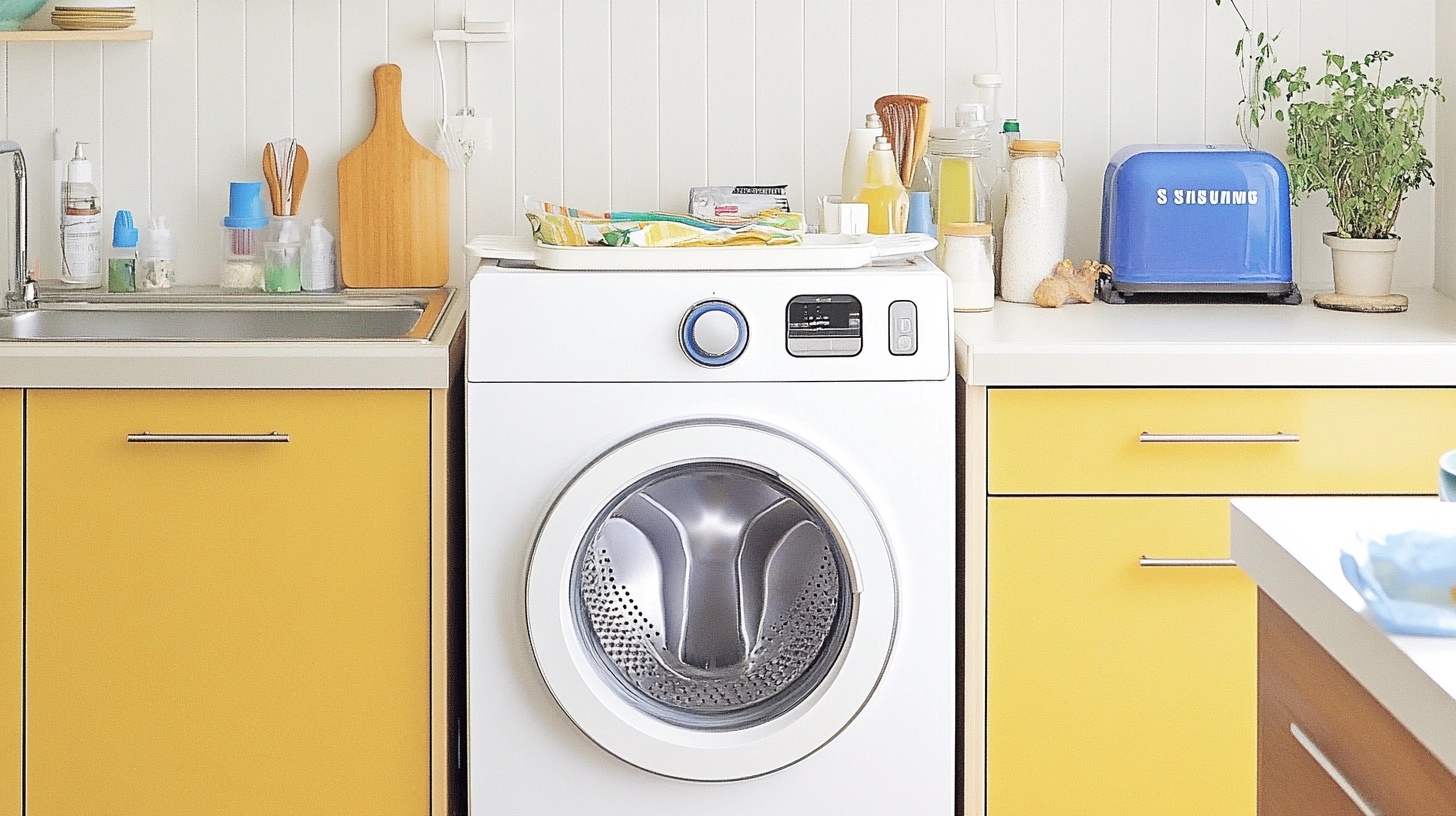 다양한 가전제품들 사이에서 작지만 강력한 존재감을 드러내는 현대적 주방 구석의 삼성 세탁기
