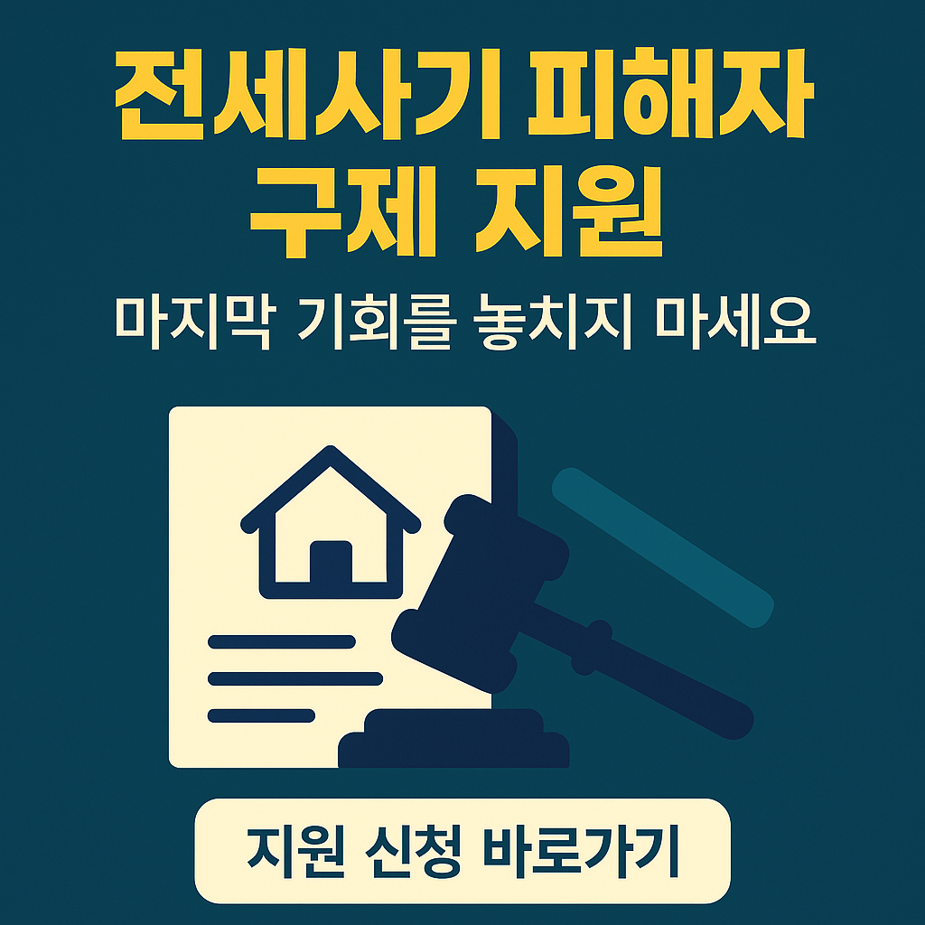 법원 판사봉이 내려져있고, 집 계약서 형상을 한 일러스트 표현과 함께 '전세사기 피해자 구제 지원'이라는 텍스트를 강조한 이미지