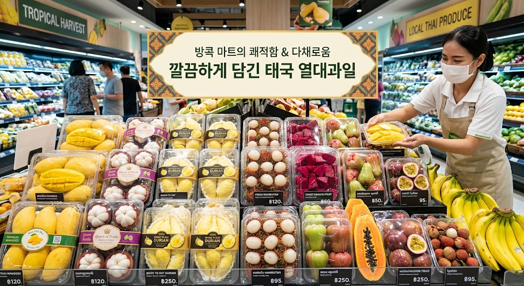 방콕 대형마트에 깔끔하게 손질되어 포장된 망고와 수박 등 열대과일 코너 모습