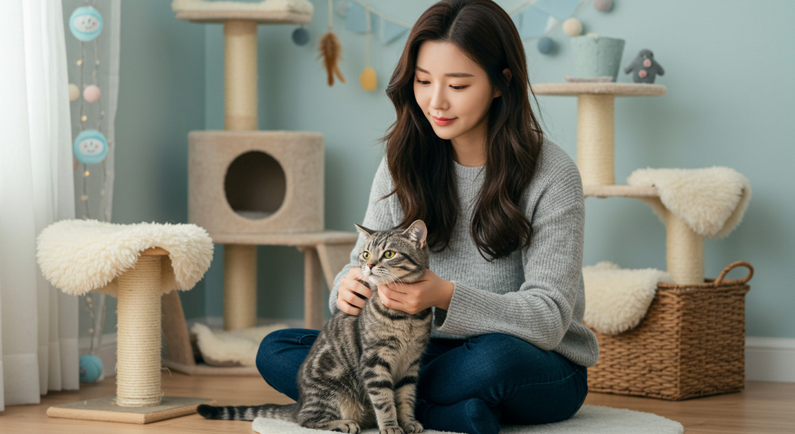 고양이 스트레스 줄이는 환경으로 꾸민 여성 이미지