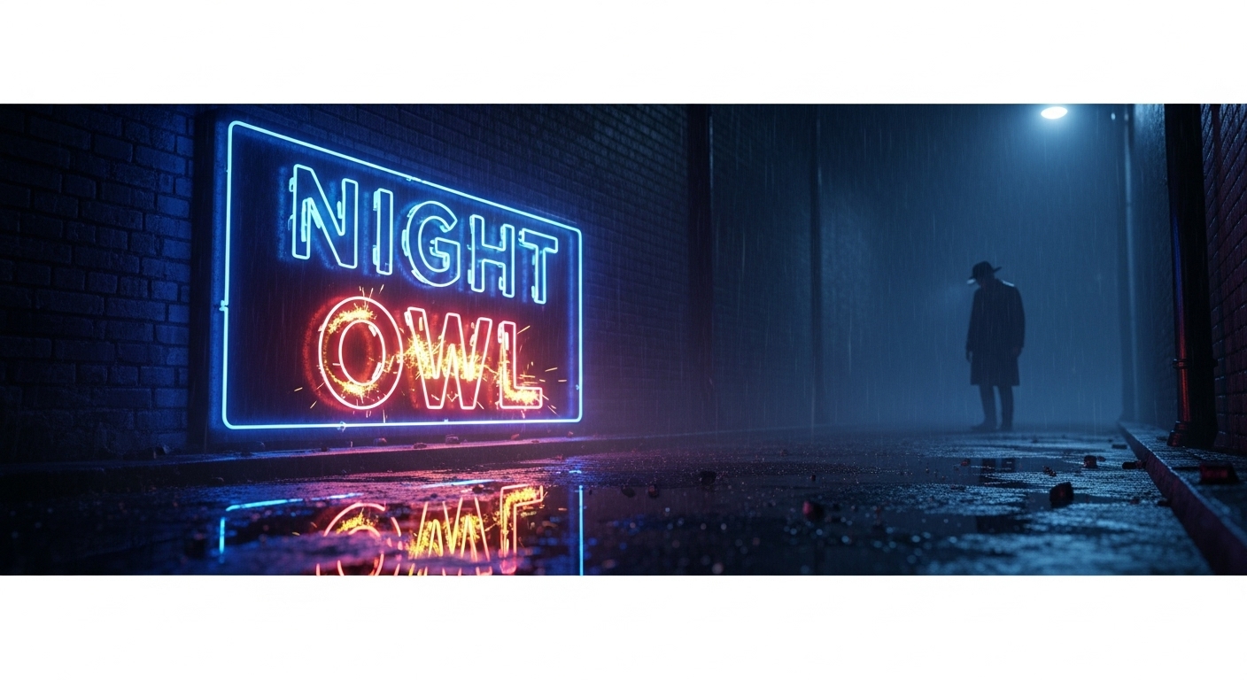 어두운 골목길에서 긴장감 넘치는 분위기를 연출하는 스릴러/미스터리 드라마 장면, 미지의 인물이 서 있는 모습.