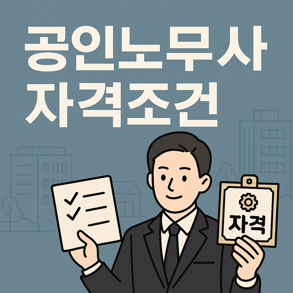 공인노무사 자격조건을 간결하게 정리한 디지털 인포그래픽, 시험 준비생 대상 응시 요건과 시험구조 안내