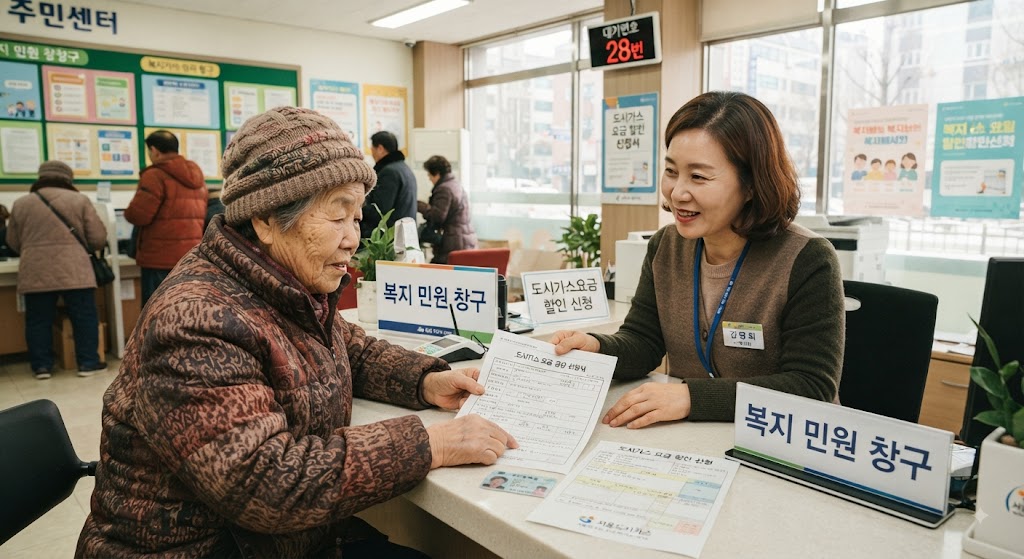 주민센터에서 도시가스요금 할인 신청여부 확인하는 모습