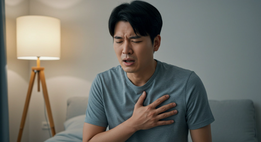 숨이 차서 가슴을 움켜쥐고 있는 한국인 남성