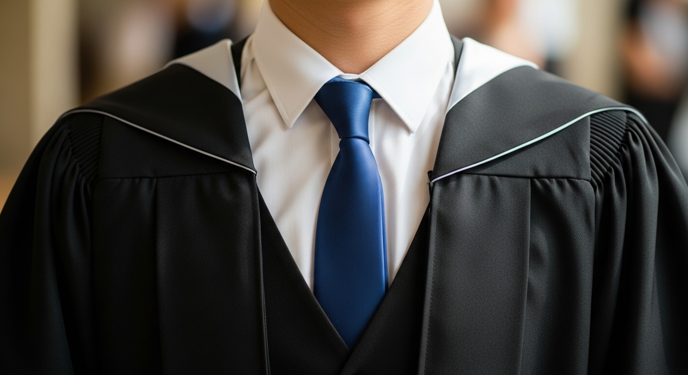 졸업 가운 안에 매치한 단정한 화이트 셔츠와 타이 스타일링