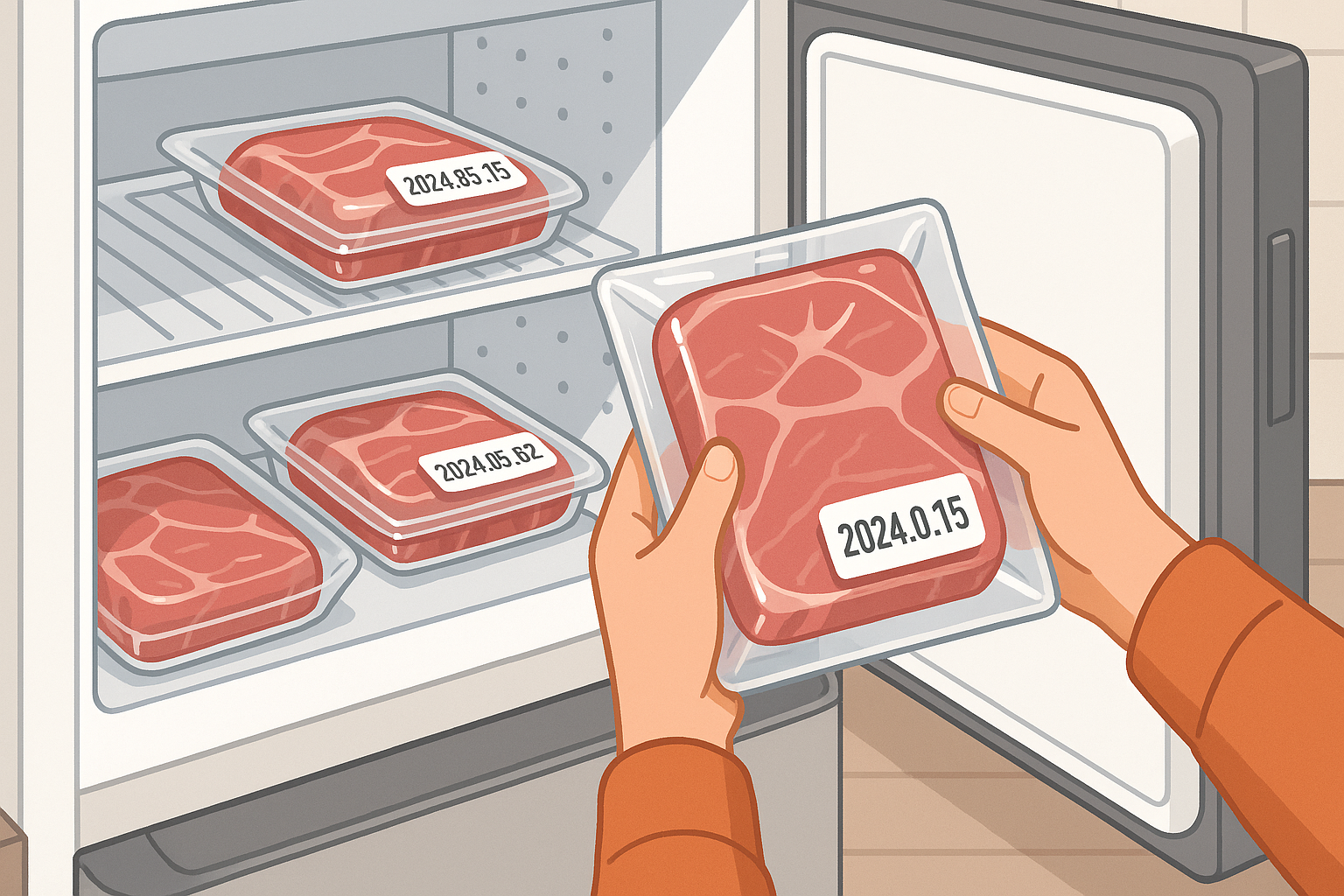 날짜 라벨이 붙은 진공 포장 고기를 냉동실에 정리하는 장면