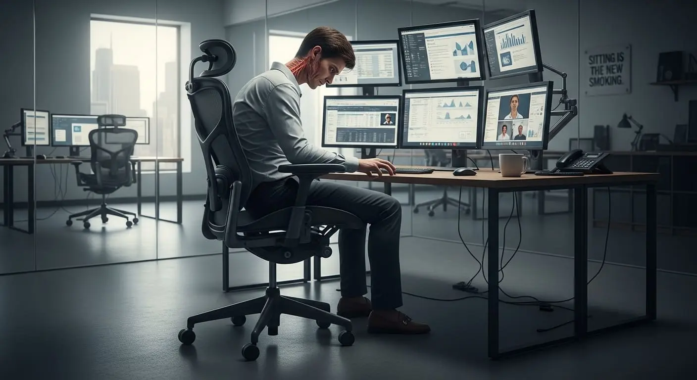 장시간 앉아있는 생활로 인해 몸이 굳어버린 사람의 은유적인 이미지, 현대인의 좌식 생활의 위험성 경고.