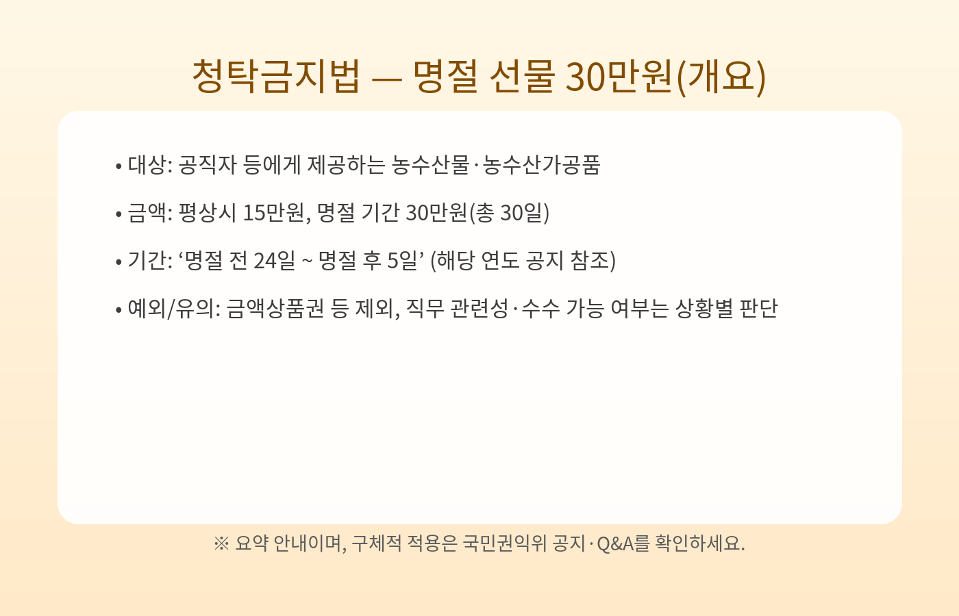 청탁금지법 &lsquo;명절 선물 30만원&rsquo; 가이드 (공직자 대상)