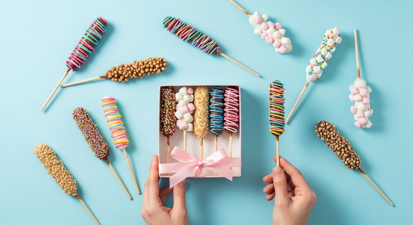 다양한 토핑으로 장식된 수제 빼빼로들이 예쁜 상자에 담겨 있는 모습. 빼빼로 만들기 재료와 완성된 빼빼로를 보여주는 아늑한 홈베이킹 풍경.