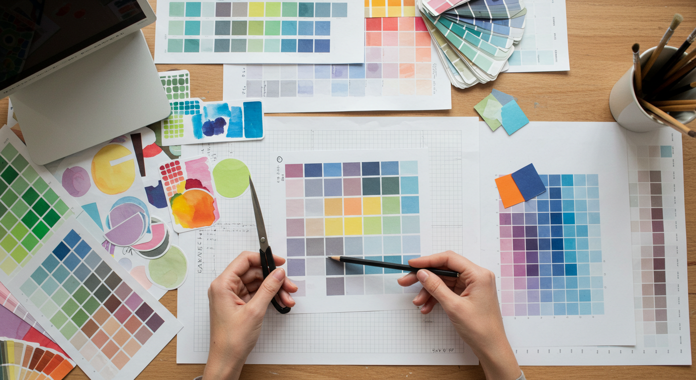 컬러리스트 실습용 색상표 위에서 연필로 색을 짚고, 가위로 오려 배색을 구성하는 장면. 실제 시험 준비 분위기를 담고 있습니다.