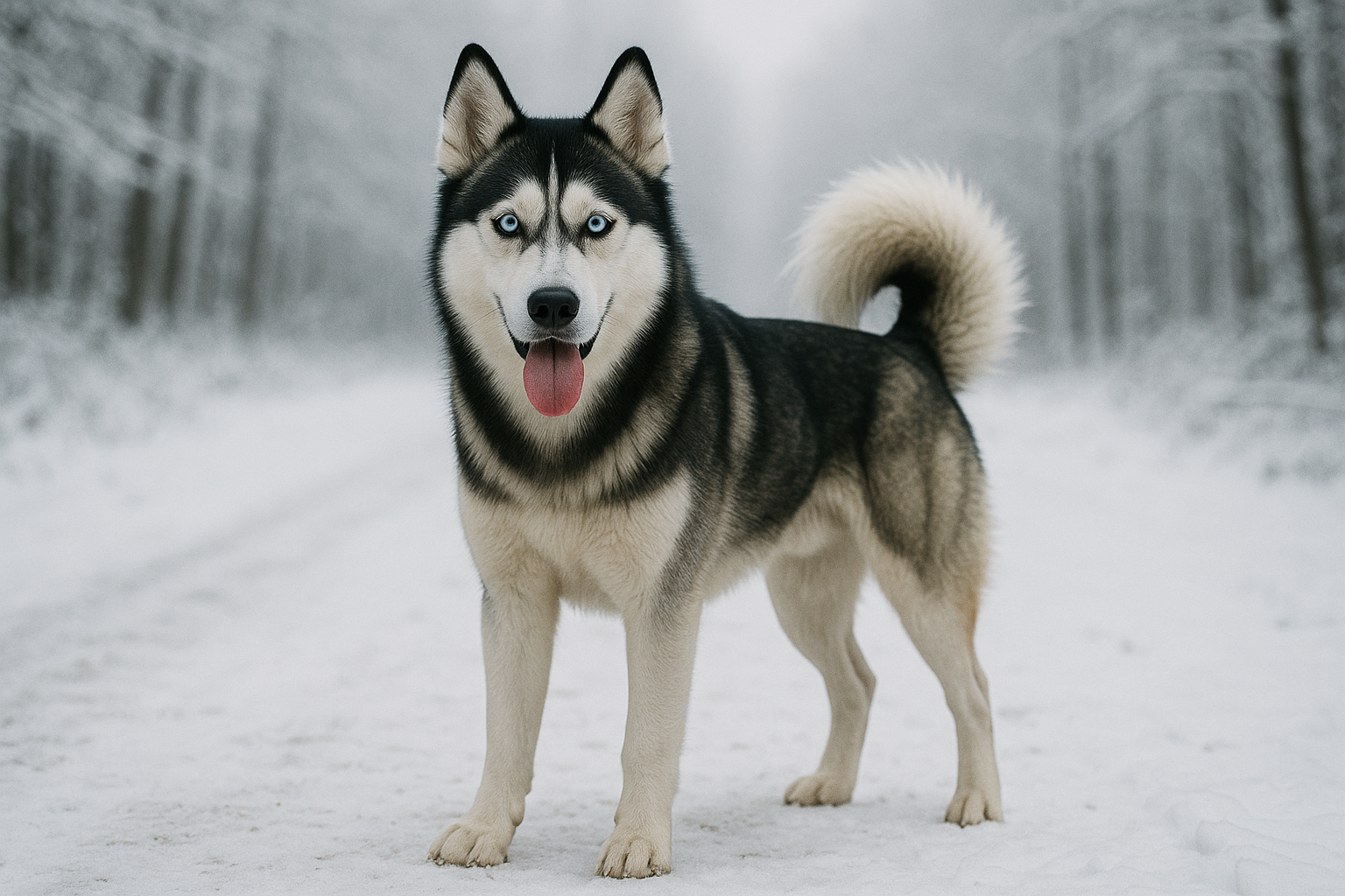 눈 쌓인 겨울 배경으로 시베리안 허스키가 혀를 내밀며 서있음