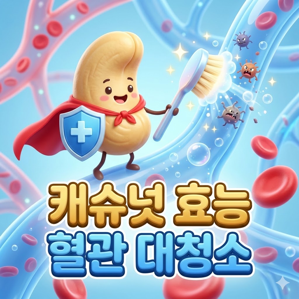 A 3D cartoon illustration style image with a 1:1 aspect ratio (Square). The scene features a cute, anthropomorphic cashew nut character acting as a superhero or doctor, wearing a small cape or holding a shield. The character looks healthy and energetic, with a bright smile. The background is clean and vibrant, perhaps with stylized blood vessels being cleaned or sparkling effects to symbolize health. In the foreground, clearly visible 3D Korean text reads '캐슈넛 효능' and below it '혈관 대청소'. The text should be bold, round, and legible, matching the cute 3D style. The overall lighting is bright and studio-like, with soft shadows. No internal organs or realistic medical depictions.