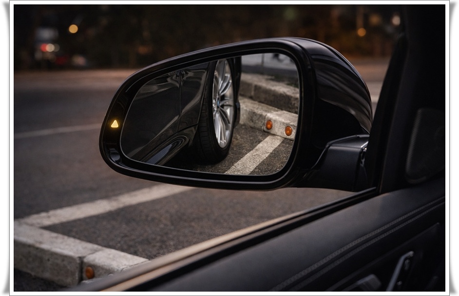 후진 기어에서 연석이 미러에 보이는 장면 (휠/연석 간격)