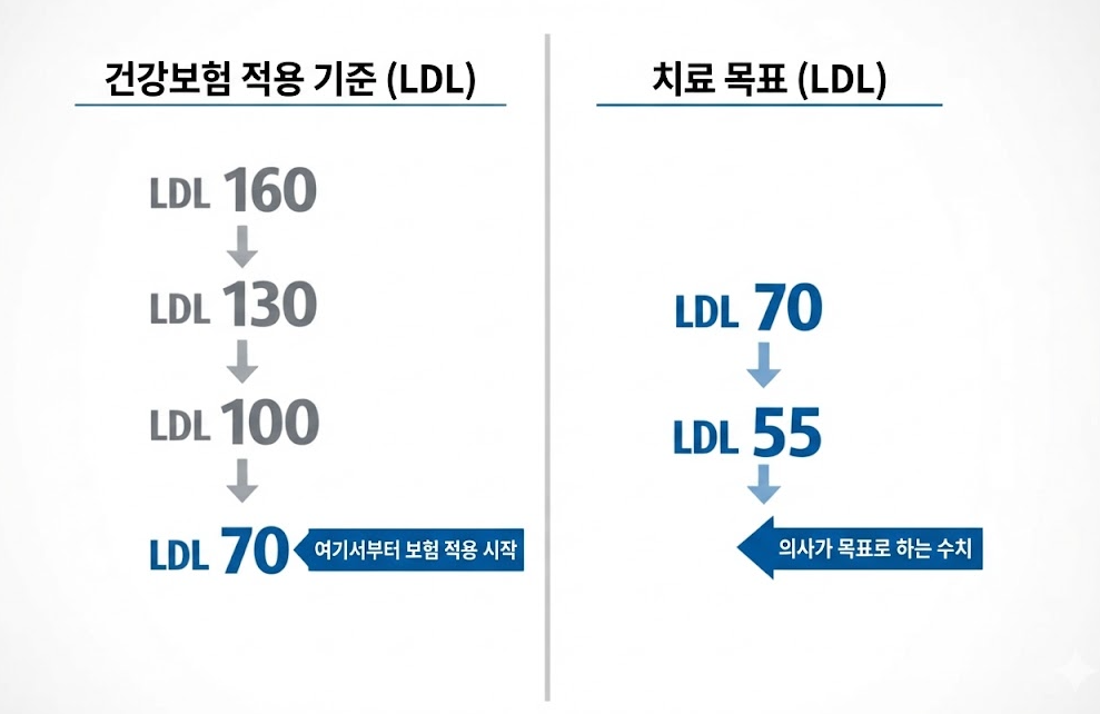 스타틴 건강보험 적용 기준 LDL 수치와 의사가 목표로 하는 치료 LDL 수치 비교 그림
