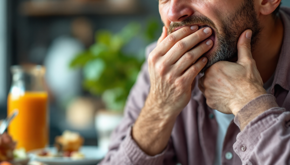 설염으로 인해 삼키기 어려워하는 사람의 모습