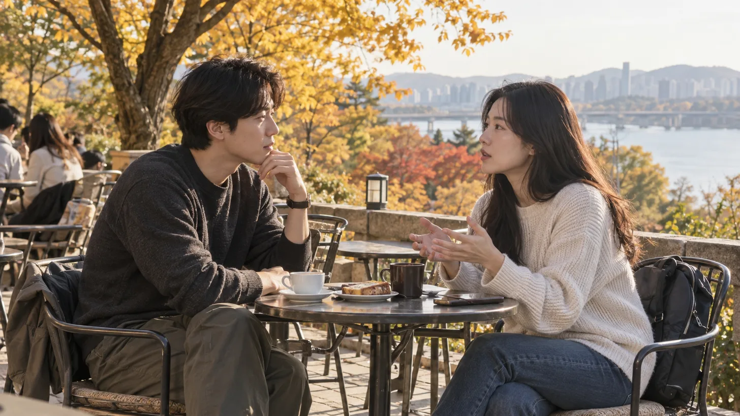 카페에서 진지하게 이야기를 나누는 두 사람