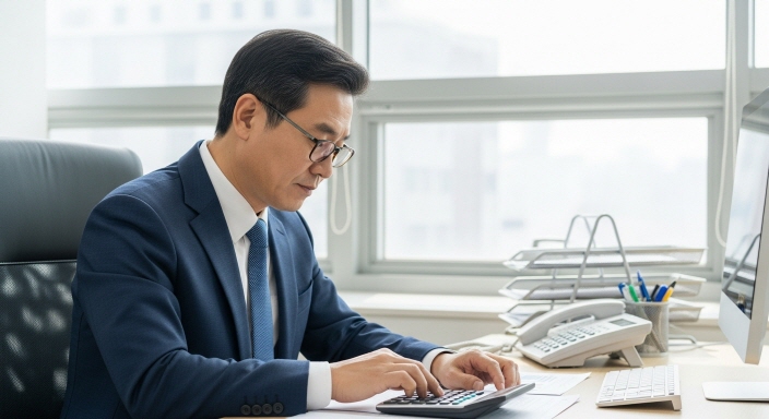 밝은 사무실에서 재산세 과세표준을 계산하는 모습