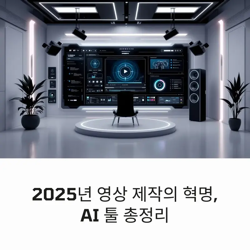 2025년 영상 제작 혁명을 상징하는 미래형 AI 영상 편집 스튜디오와 대형 디스플레이, AI 툴 총정리라는 문구가 강조된 대표 이미지