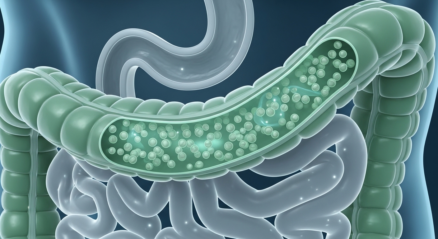차전자피가 수분을 흡수하여 장운동을 촉진하고 변비 해소에 도움을 주는 과정을 시각화한 장 내부 일러스트.